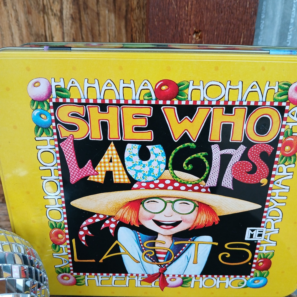 VINTAGE Mary Engelbreit Colorful Party Tin Box 1980s Gift Girlhoodcore Whimsical